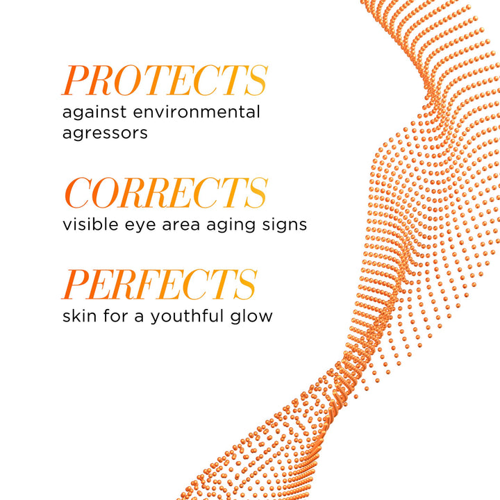 Protects against environmental agressors, Corrects visible eye area aging signs, Perfects skin for a youthful glow