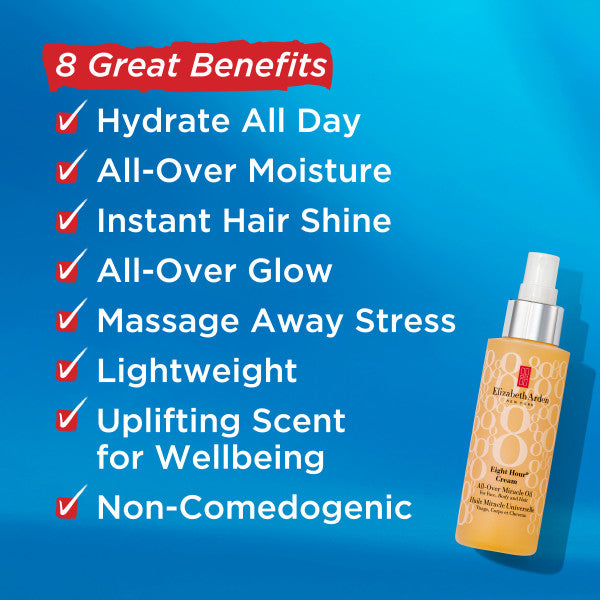 8 Great Benefits- Hydrate all day, all-over moisture, instant hair shine, all-over glow, massage away stress, lightweight, uplifting scent for wellbeing, non-comedogenic