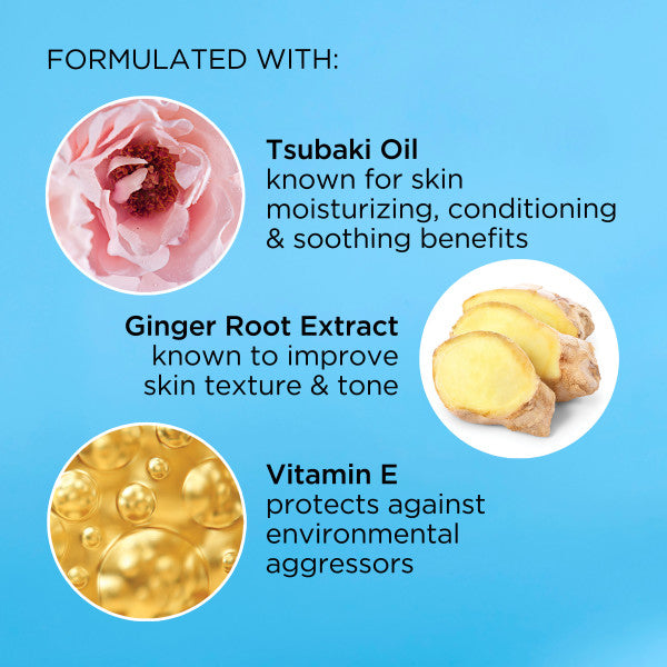 Formulated with Tsubaki Oil known for skin moisturizing, conditioning and soothing benefits. Ginger root extract known to improve skin texture and tone, and vitamin E to protect against environmental aggressors