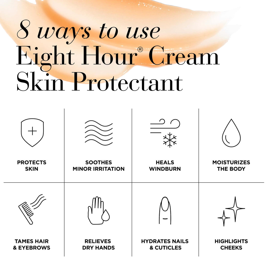 8 ways to use Eight Hour Cream skin protectant- protects skin, soothes minor irritation, heals windburn, moisturizes the body, tames hair and eyebrows, relieves dry hands, hydrates nails and cuticules, and highlights cheeks 