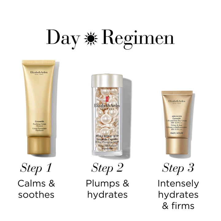 Day Regimen. 1- Cleanser calms and soothes. 2-  Plumps and hydrates. 3- intensely hydrates and firms