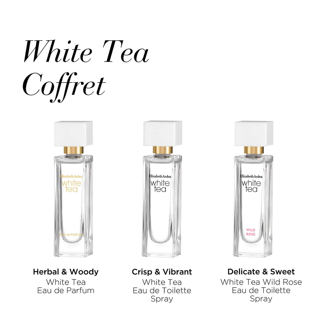 White Tea Parfum is Herbal and woody. White Tea Eau de Toilette is crisp and vibrant. White Tea Wild Rose Eau de toilette is delicate and sweet