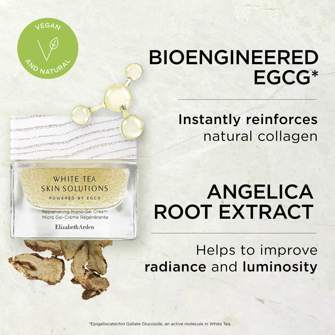 Bioengineered EGCG* Instantly reinforces natural collagen. Angelica Root Extract helps to improve radiance and luminosity. *Epigallocatechin Gallate Glucoside, an active molecule in White Tea