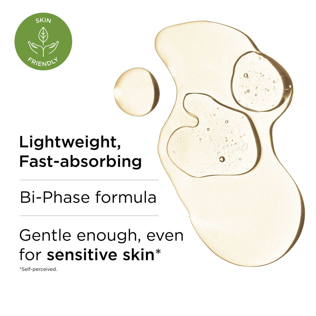 Lightweight, fast absorbing, bi-phase formula, gentle enough, even for sensitive skin* *Self-perceived
