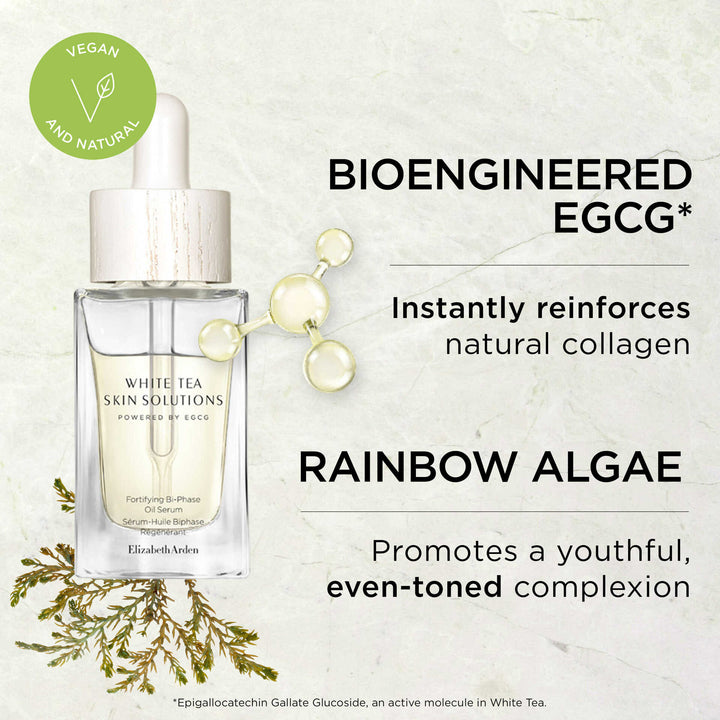 Bioengineered EGCG* Instantly reinforces natural collagen. Rainbow algae promotes a youthful even-toned complexion. *Epigallocatechin Gallate Glucoside, an active molecule in White Tea