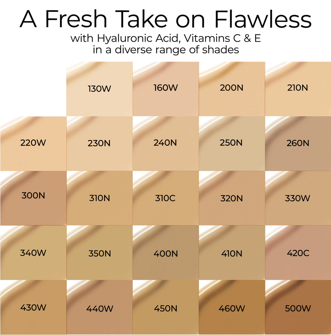 A Fresh Take on Flawless with Hyaluronic Acid, Vitamins C and E in a diverse range of shades.