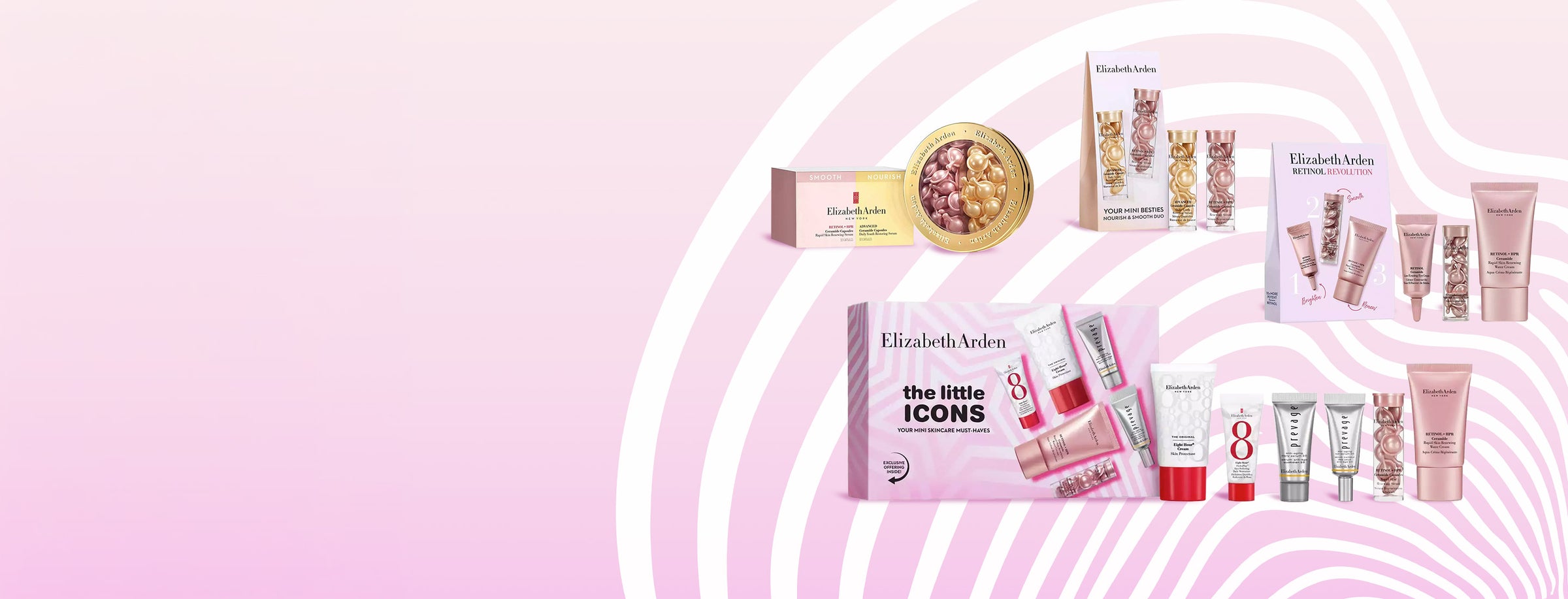 4 New mini sets by Elizabeth Arden sitting on a white and pink stripe patterned background