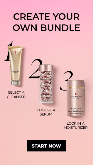 3 Steps to building a bundle — select a cleanser, choose a serum and lock in moisturizer on a pink background. START NOW