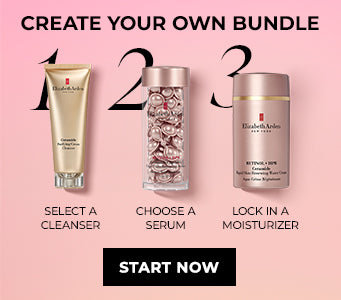 3 Steps to building a bundle — select a cleanser, choose a serum and lock in moisturizer on a pink background. START NOW