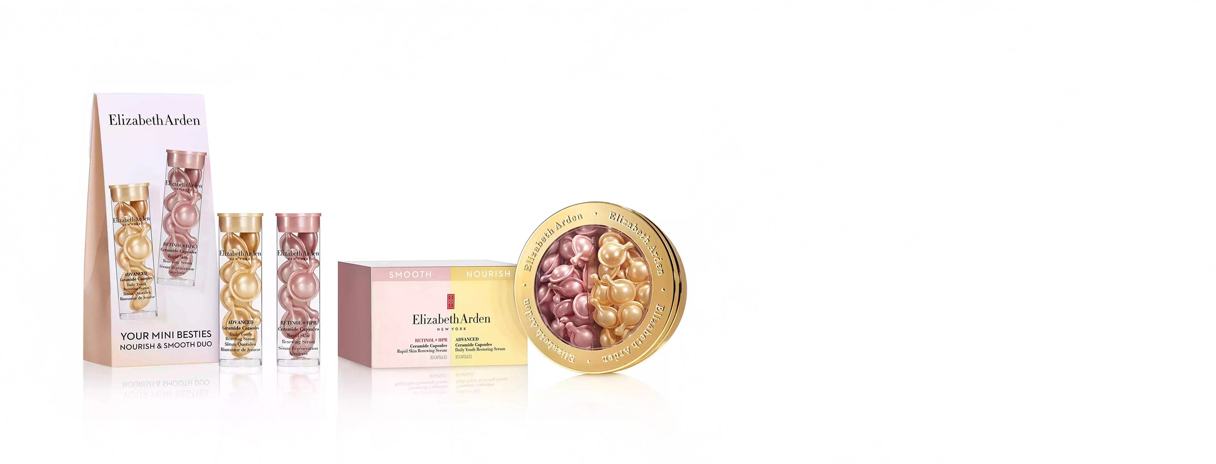 Elizabeth Arden skincare products including a capsules on a white background
