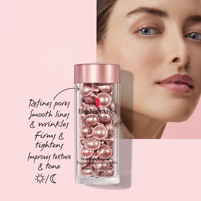 Model with retinol + hpr capsules, people awards. Refines pores, smooth line and wrinkles, firms and tightens, improves texture and tone. Day or night