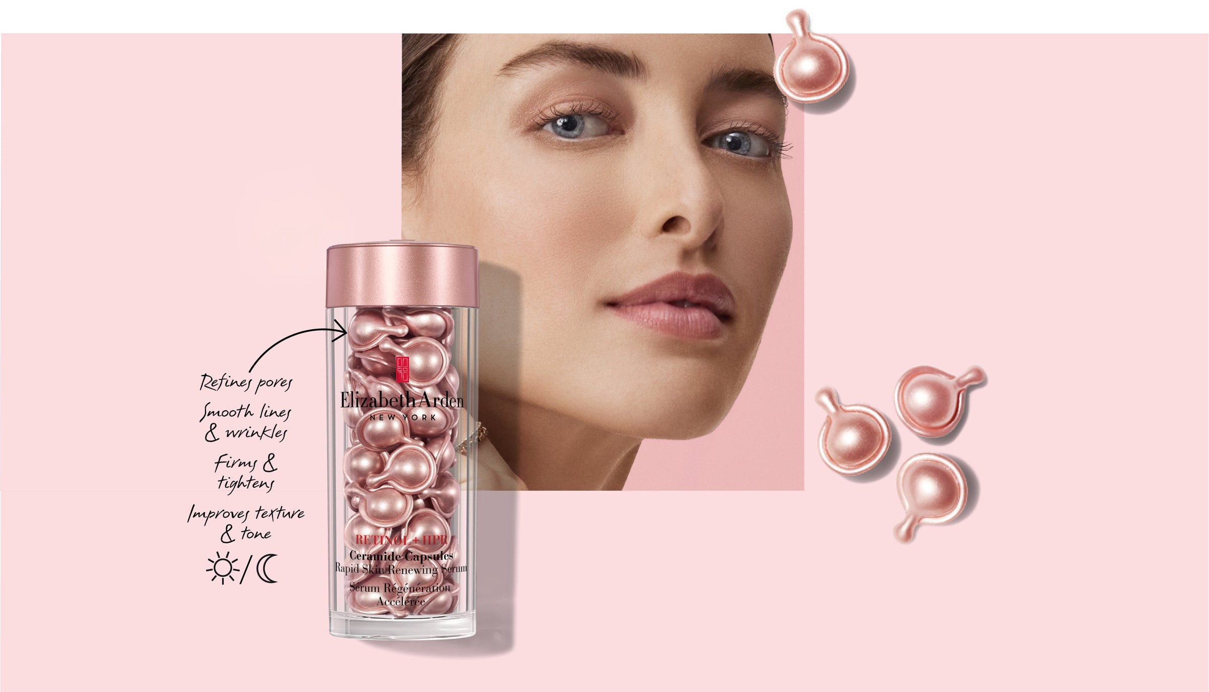 Model with retinol + hpr capsules, Refines pores, smooth line and wrinkles, firms and tightens, improves texture and tone. Day or night