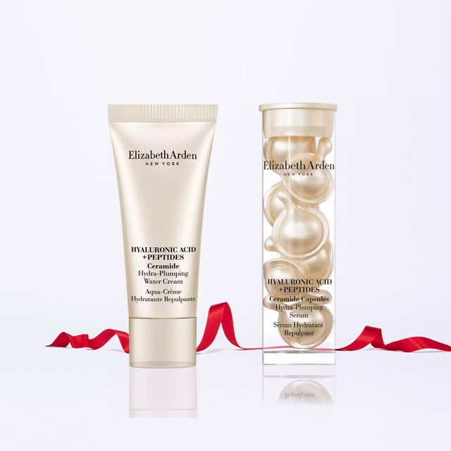 Elizabeth Arden Hyaluronic Acid + Peptides Capsules Serum and Water Cream deluxe samples  a red ribbon on a white background