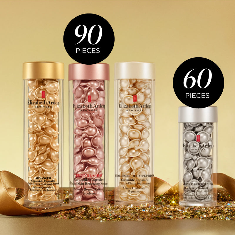 Three capsules jars showing 90-piece capsules and 60-piece capsules on gold background with glitter and ribbon