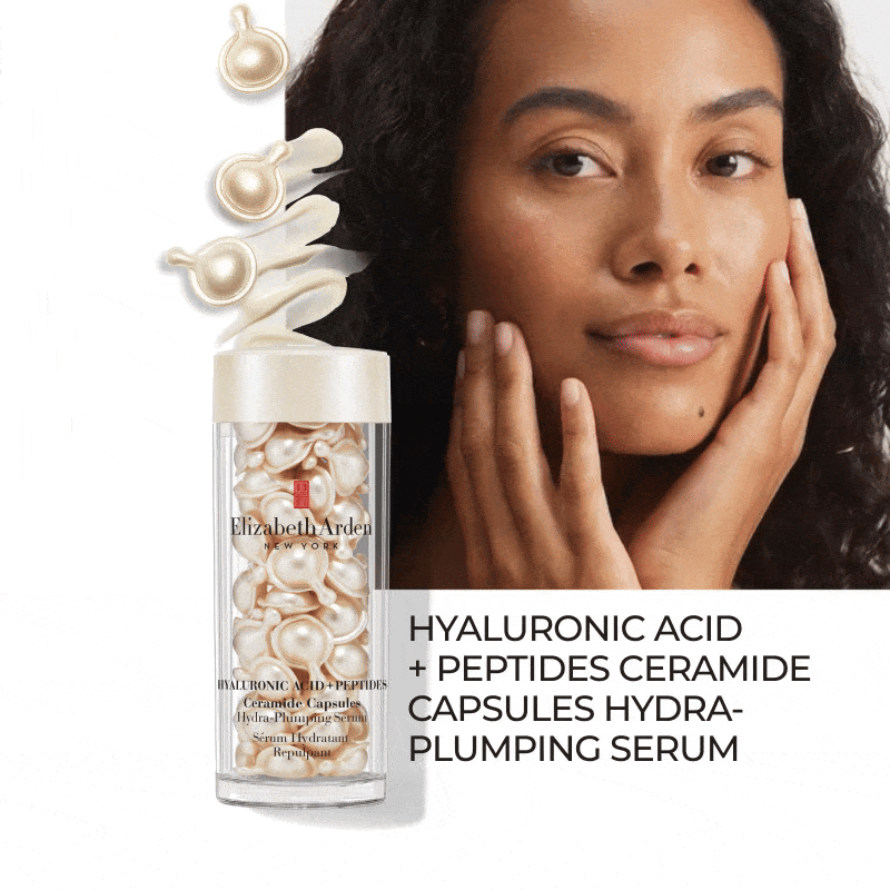 Elizabeth Arden capsules product with a woman's face on a white background with copy "HYALURONIC ACID + PEPTIDES CERAMIDE CAPSULES HYDRA-PLUMPING SERUM"