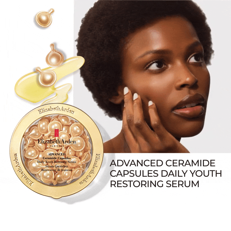 Elizabeth Arden capsules product with a woman's face on a white background with copy "ADVANCED CERAMIDE CAPSULES DAILY YOUTH RESTORING SERUM"