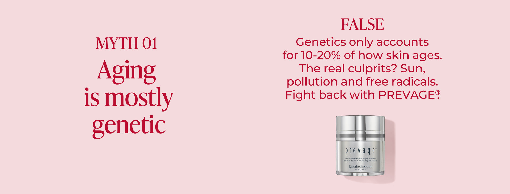 Light pink background with text debunking an anti-aging skincare myth. "Myth 1 Aging is mostly" The answer is "False, Genetics only accounts for 10-20% of how skin ages. The real culprits? Sun, pollution and free radicals. Fight back with Prevage" Featured with the likeness of the Prevage multi-restorative night cream.