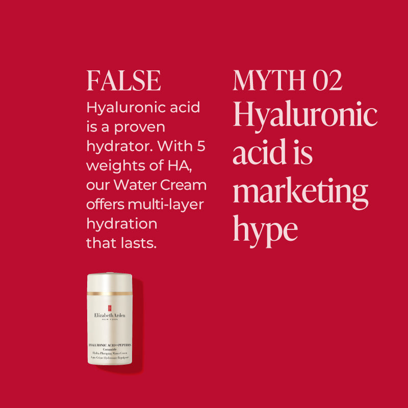 Red background with text debunking an Hyaluronic Acid skincare myth. "Myth 2 Hyaluronic acid is marketing hype" The answer is "False, Hyaluronic acid is a proven hydrator. With 5 weights of HA, our water cream offers multi-layer hydration that lasts." Featured with the likeness of the Hyaluronic Acid + Peptides Water Cream.