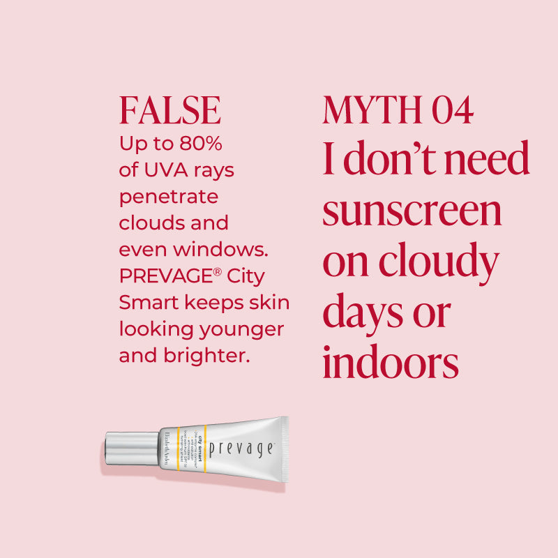 Light pink background with text debunking an UVA skincare myth. "Myth 4 I don't need sunscreen on cloudy days or indoors" The answer is "False, Up to 80% of UVA rays penetrate clouds and even windows. Prevage city smart keeps skin looking younger and brighter" Featured with the likeness of the Prevage City Smart SPF Shield.