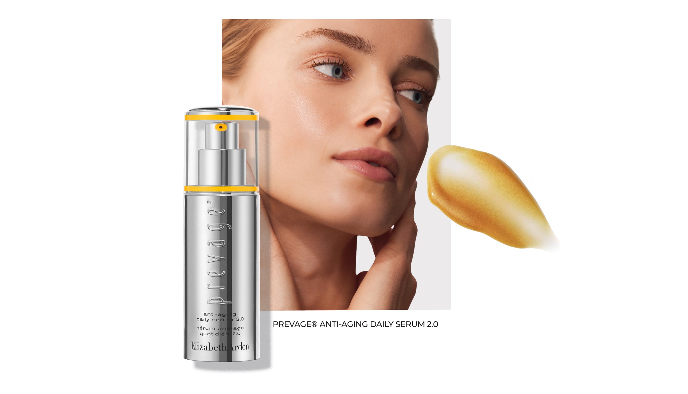 Elizabeth Arden skincare serum product with a woman's face on a white background with copy "PREVAGE ANTI-AGING DAILY SERUM 2.0"