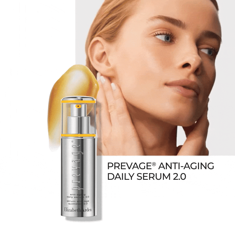 Elizabeth Arden skincare serum product with a woman's face on a white background with copy "PREVAGE ANTI-AGING DAILY SERUM 2.0"