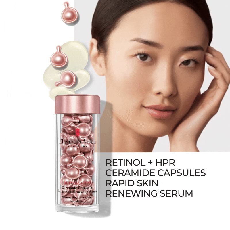 Elizabeth Arden capsules product with a woman's face on a white background with copy "RETINOL + HPR CERAMIDE CAPSULES RAPID SKIN RENEWING SERUM"