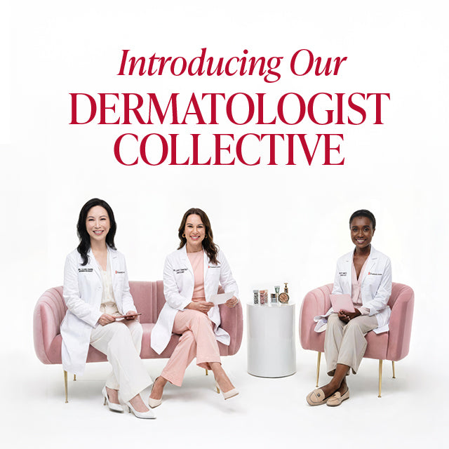 Three dermatologists sitting on a pink couch with copy 
"Introducing Our DERMATOLOGIST COLLECTIVE" on a white background.