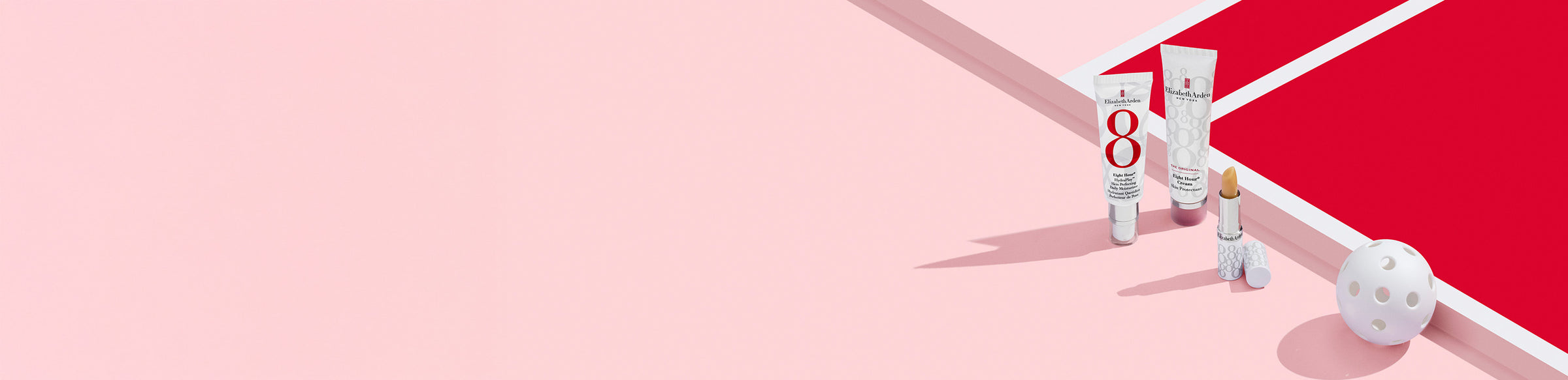 Elizabeth Arden 8 Hour Cream products on a pink and red background with pickleball ball