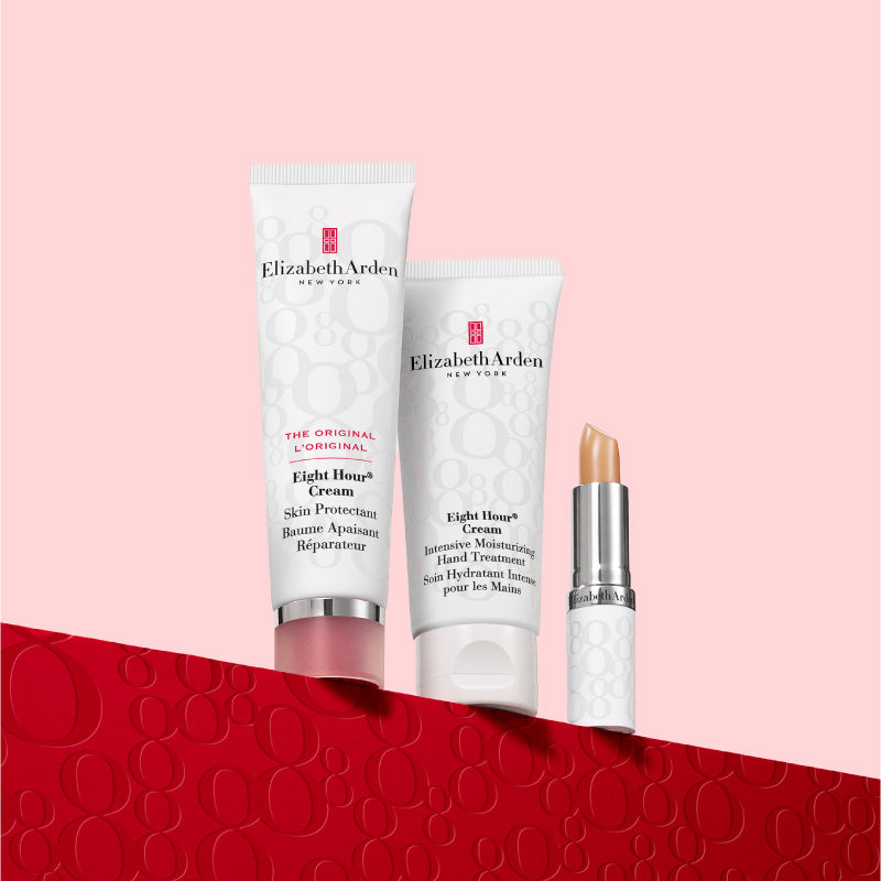 Elizabeth Arden skincare products on a pink and red background