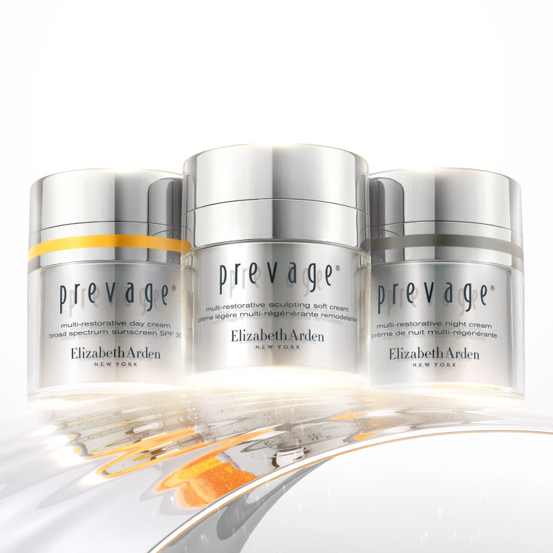 Three jars of Elizabeth Arden Prevage skincare products on a white background