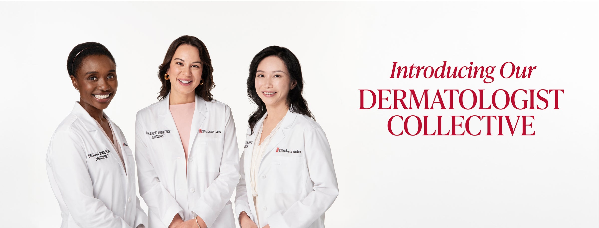 Three dermatologists in white coats with the header intro text 'Introducing Our Dermatologist Collective' on a white background.