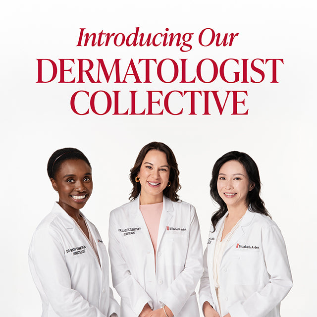 Three dermatologists in white coats with the header intro text 'Introducing Our Dermatologist Collective' on a white background.