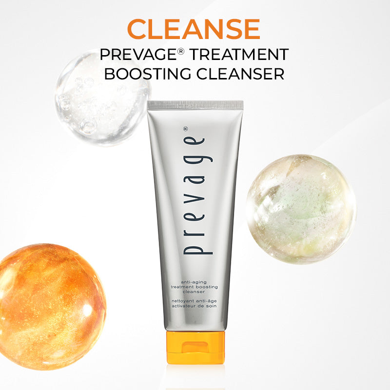 Prevage treatment boosting cleanser with white and orange orbs on a white background with copy "CLEANSE with Prevage Treatment Boosting Cleanser"