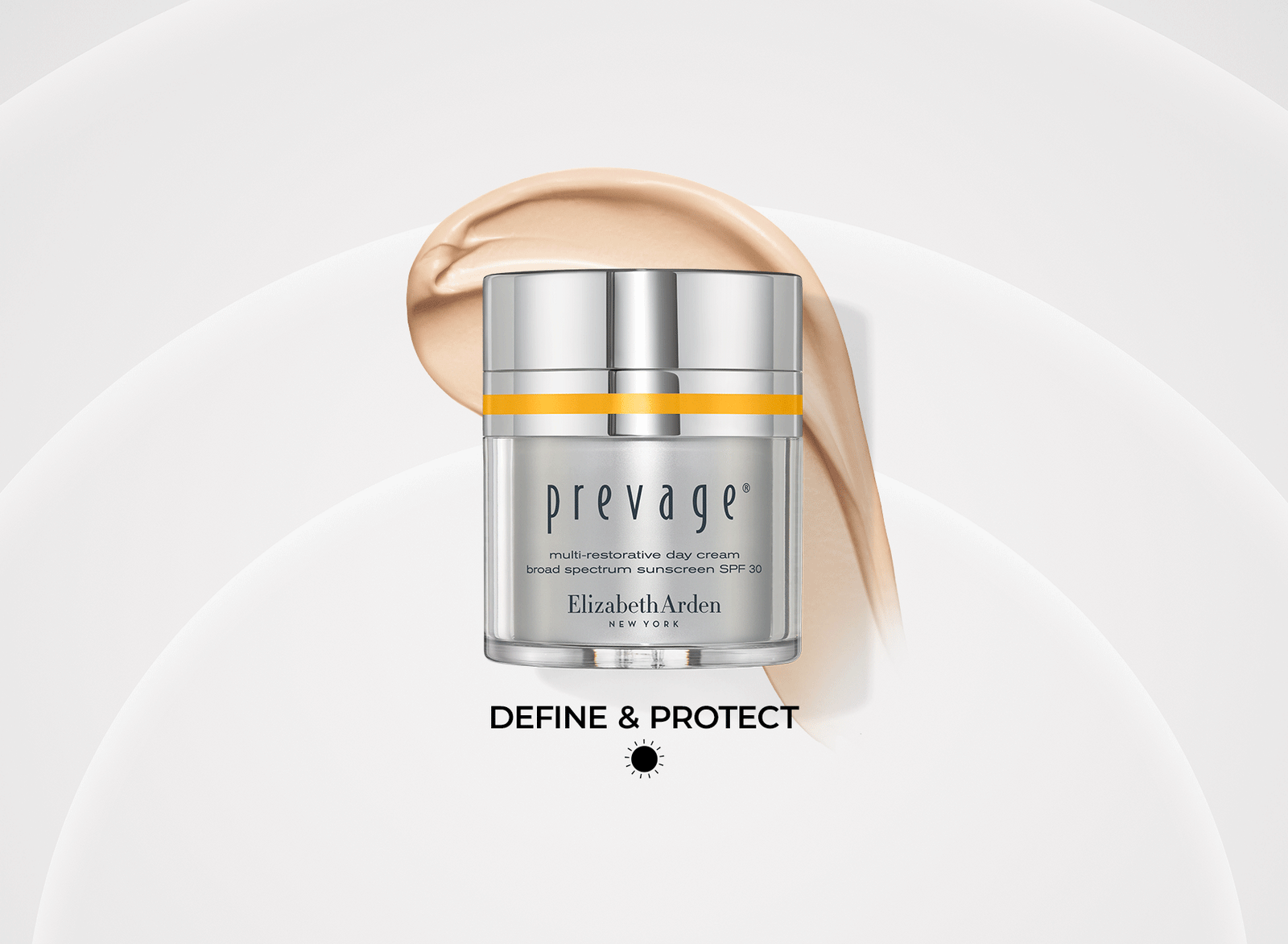 Prevage multi-restorative day cream with texture swipe with benefits copy "Over 2x instant improvement in hydration and After first use 90% agree skin looks brighter and revitalized. Define and protect, use at day"