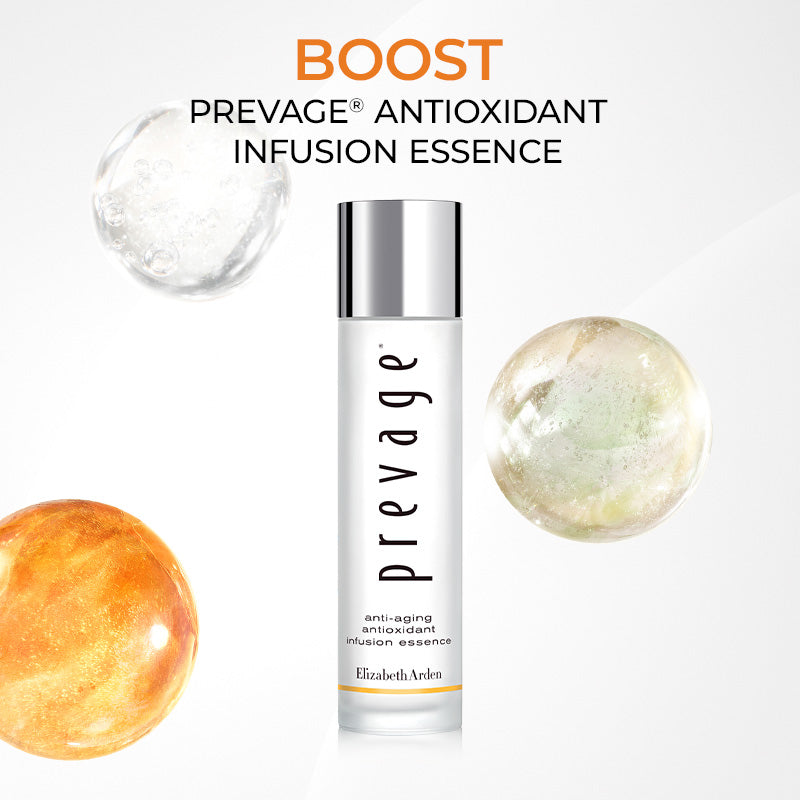 PREVAGE antioxidant infusion essence bottle with white and orange orbs on a white background with copy "BOOST with Prevage Antioxidant Infusion Essence"