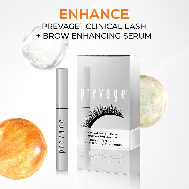 Prevage Clinical Lash + Brow Enhancing Serum with packaging on a white background with white and orange orbs with copy "ENHANCE with Prevage Clinical Lash + Brow Enhancing Serum"