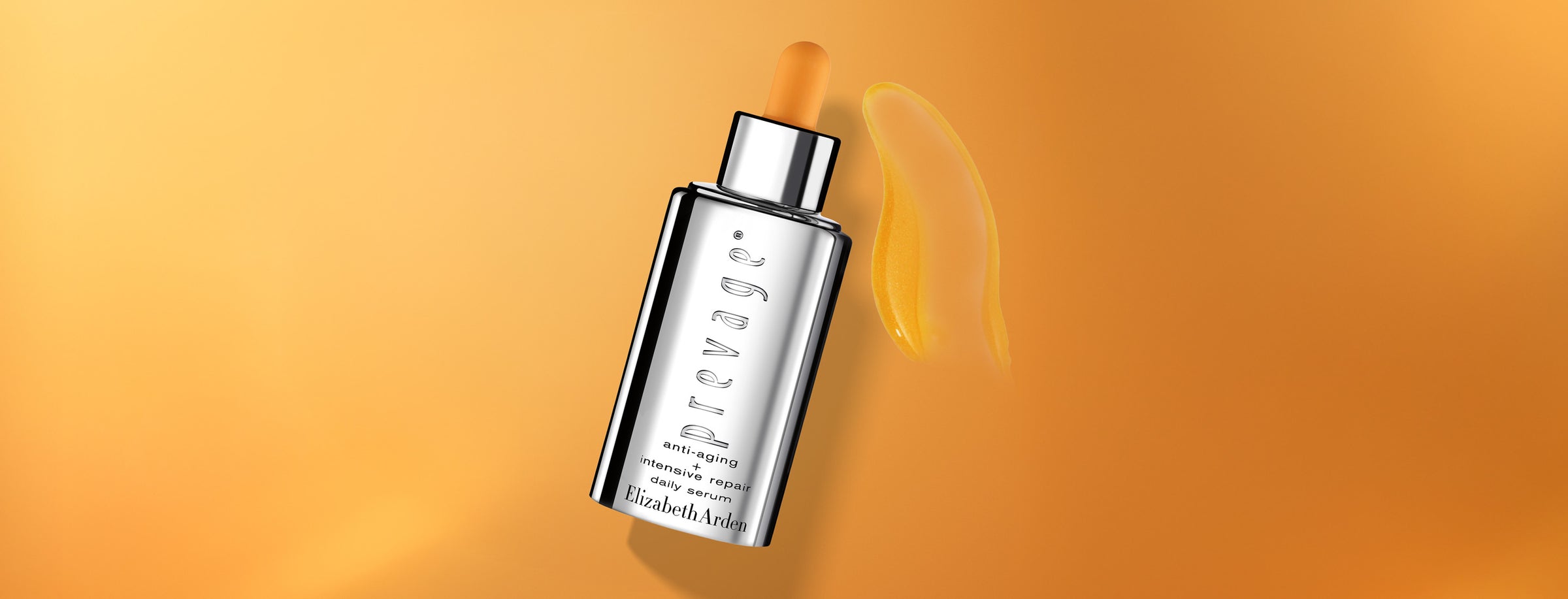 Elizabeth Arden Prevage serum bottle on an orange background with swipe of product texture