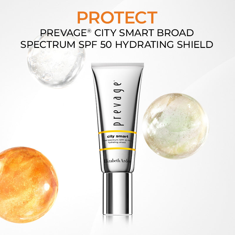 Prevage City Smart Broad Spectrum SPF 50 Hydrating Shield tube with white and orange orbs on a white background with copy "PROTECT with Prevage City Smart Broad Spectrum SPF 50 Hydrating Shield"