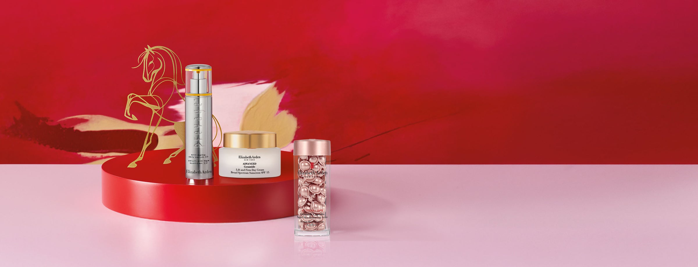 Skincare products on a red and pink background with a horse illustration.