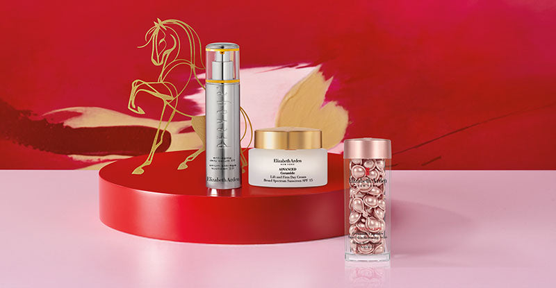 Skincare products on a red and pink background with a horse illustration.