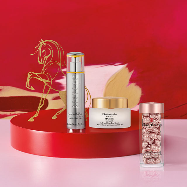 Skincare products on a red and pink background with a horse illustration.