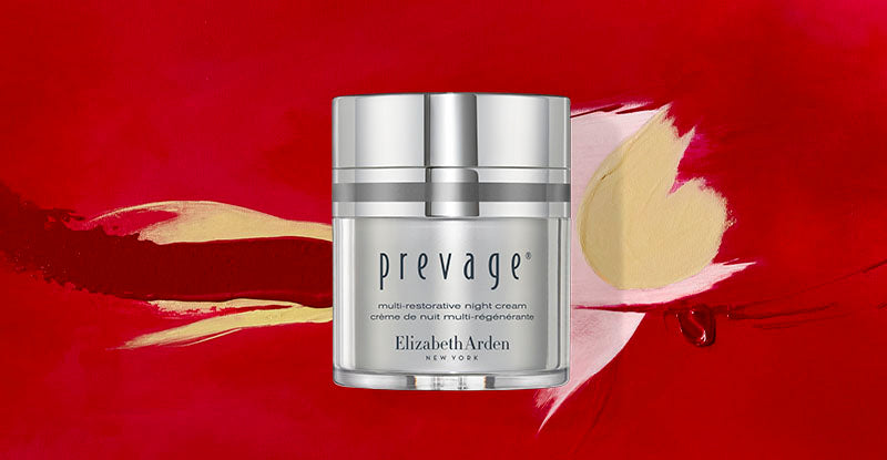 Prevage skincare product by Elizabeth Arden on a red background