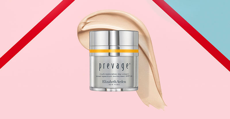 Prevage multi-restorative day cream broad spectrum sunscreen SPF 30 by Elizabeth Arden on a colorful geometric background