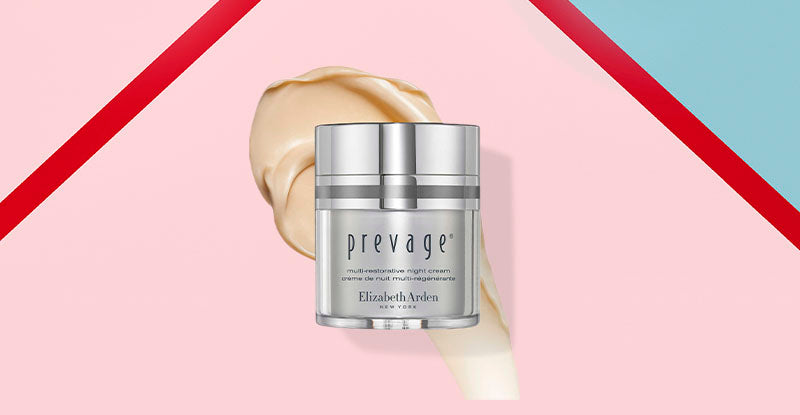 Prevage multi-restorative night cream by Elizabeth Arden on a colorful geometric background