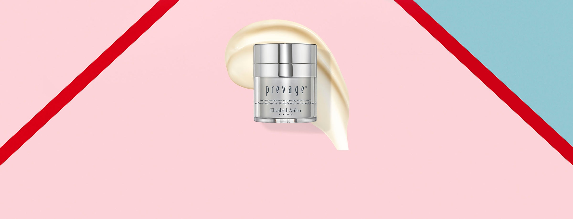 Prevage multi-restorative sculpting soft cream by Elizabeth Arden on a colorful geometric background