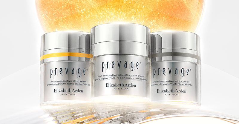 Prevage moisturizers on a gradient background with an orange sphere