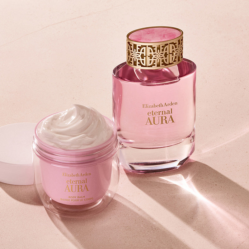 Elizabeth Arden Eternal Aura perfume and body balm on a light background