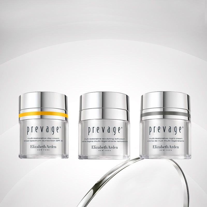 Three jars of Prevage moisturizers product on a light gray background