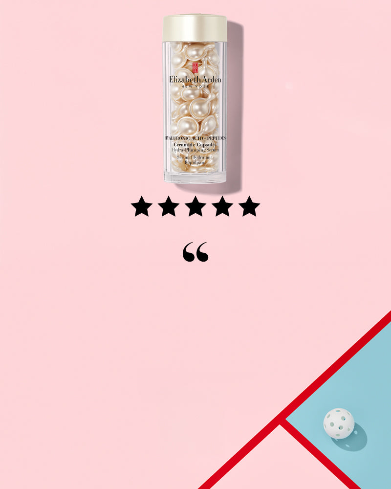 a jar or Hyaluronic Acid + Peptides Ceramide Capsules on a pink background with ball in the lower right corner on a blue spot. There are 5 stars below the product to signal that the review was a 5 star reviewing and an open quotation mark to signal that the copy is a quote