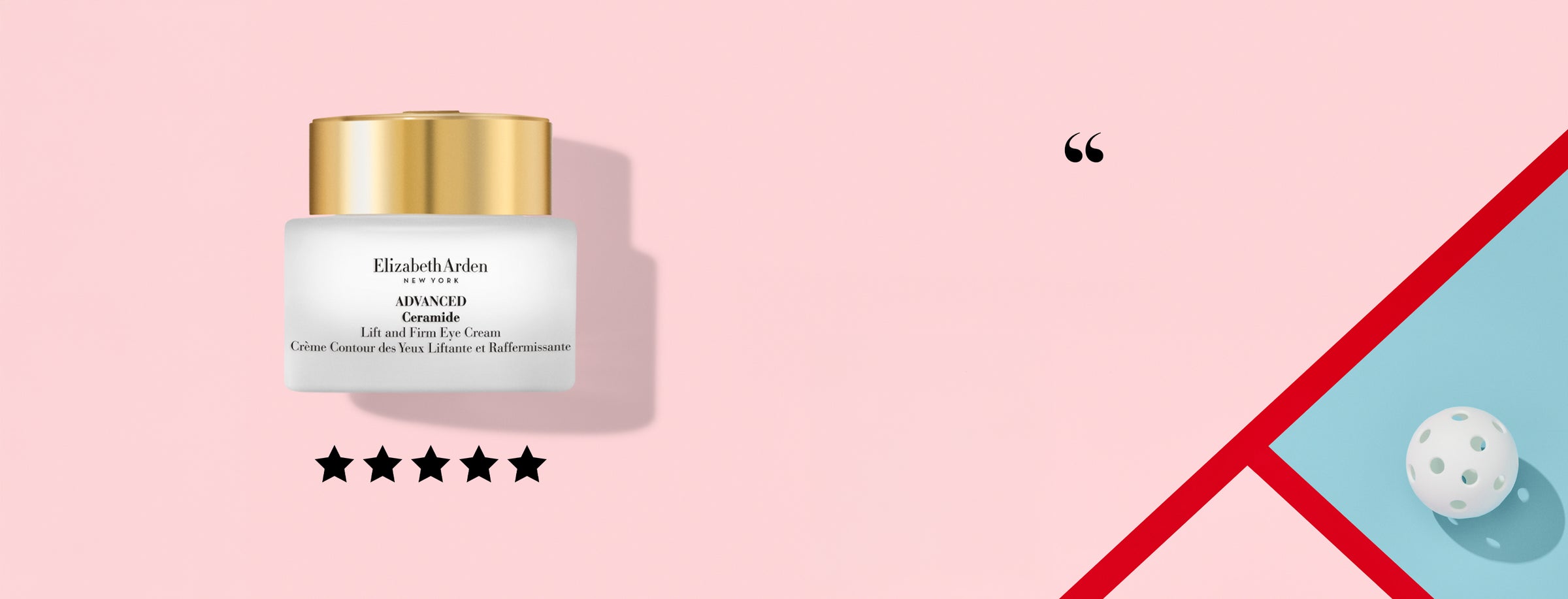 Elizabeth Arden cream jar on a pink background with product packaging and a quote.